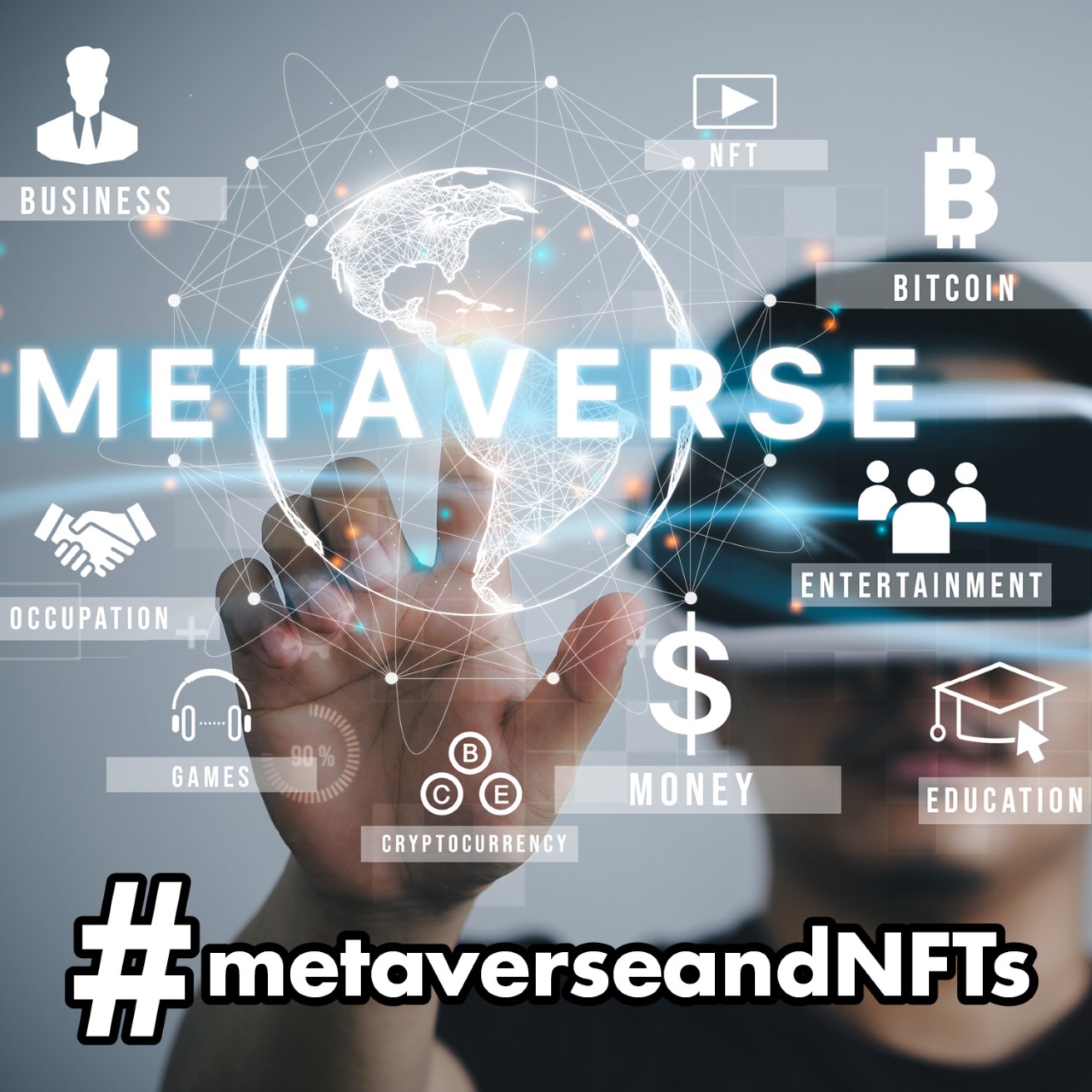 person tapping the word "metaverse" including icons for business, NFT, Bitcoin, entertainment, money, education, cryptocurrency, games, occupation, and business.