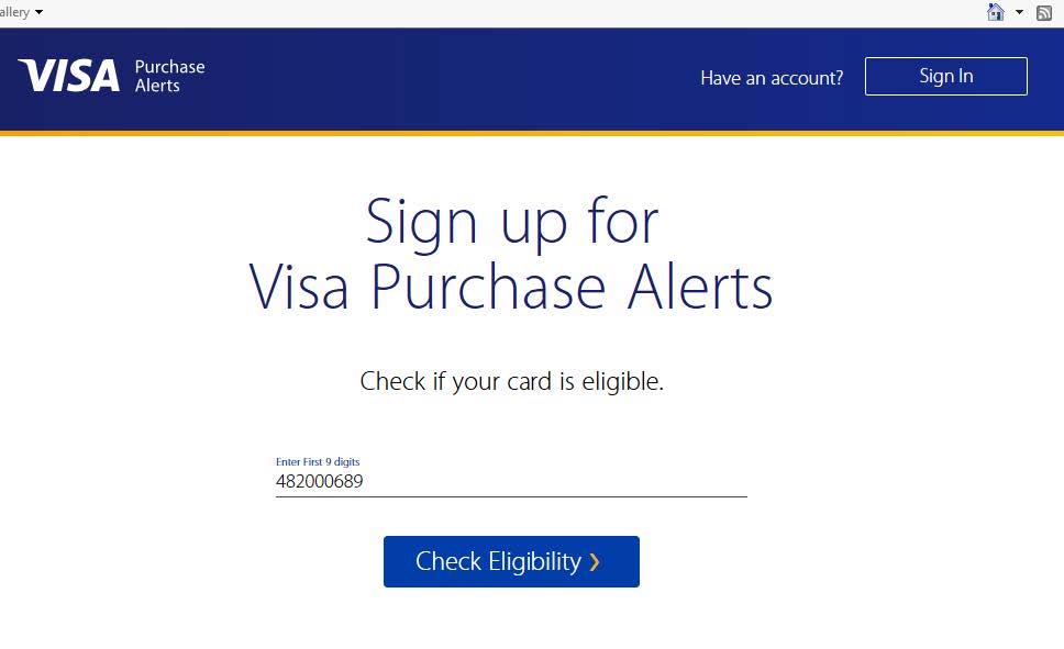 Step 1 Visa Purchase Alerts Enrollment