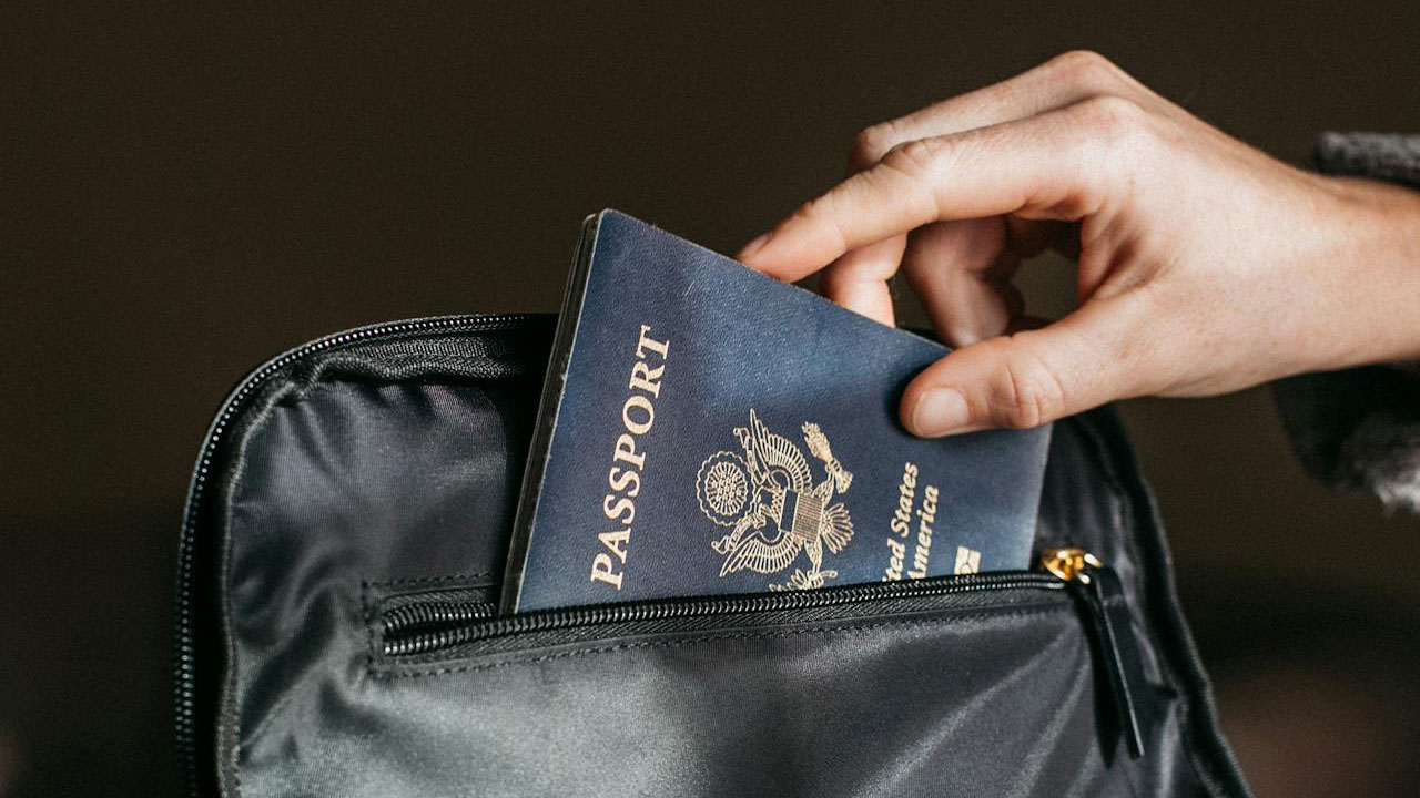 Person grabbing passport from bag.